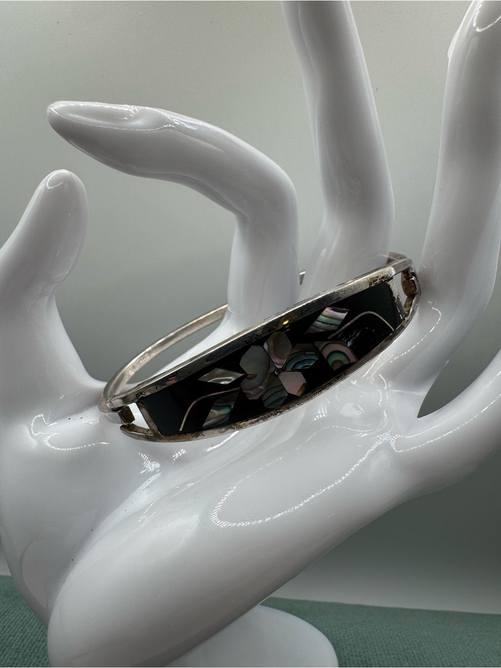 Vintage Alpaca Mexico Abalone Shell Floral Inlay Bangle Bracelet